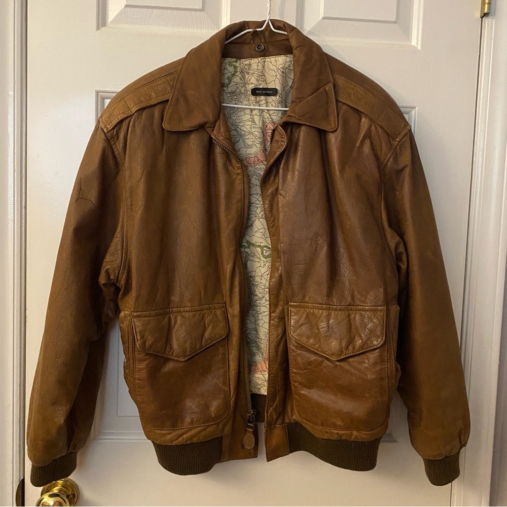 Vintage 80s World Map Lined Bomber Leather Zip Up Flight Jacket